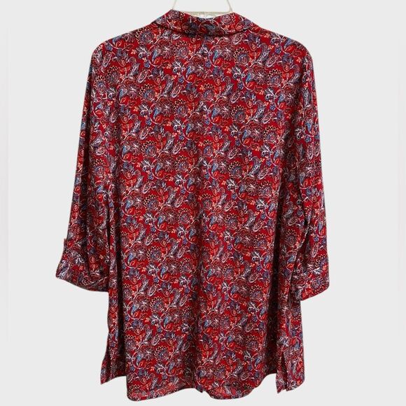 Catherines Button Up Floral Top Women's Size 0X 3/4 Sleeve Red Artsy Boho Office - Picture 10 of 13